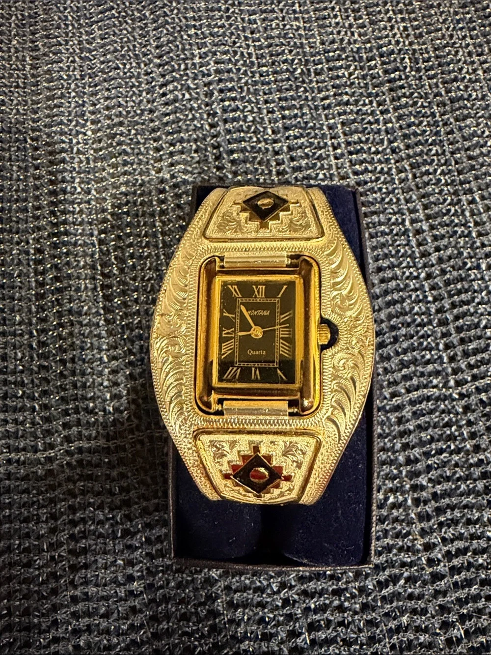 Montana Silversmiths Gold-Tone Engraved Cuff Watch with Black Dial